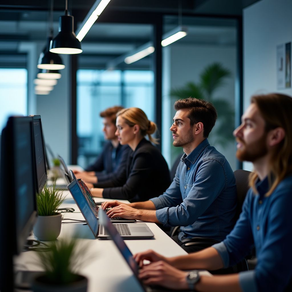 Equipo de FinanzApp en oficinas modernas